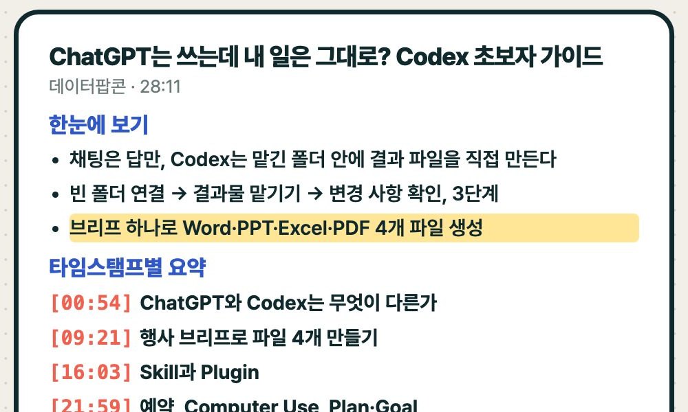 실제 결과 일부: 데이터팝콘 28분 영상(자막 14,120자, 29개 구간)을 챕터 10개로 정리