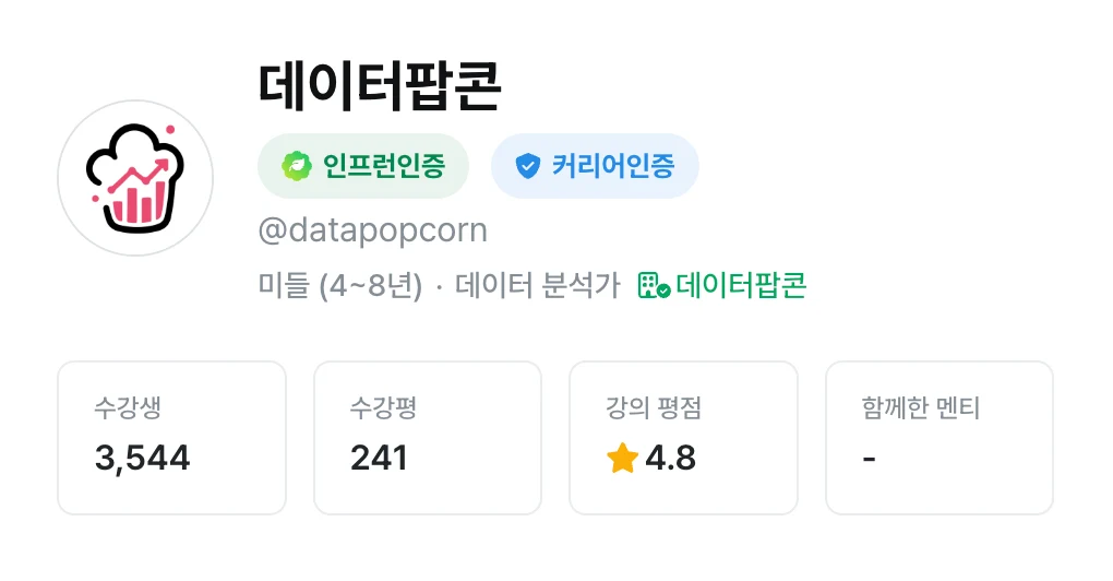 진행자 데이터팝콘의 인프런 프로필. 수강생 3,544명, 수강평 241개, 강의 평점 4.8