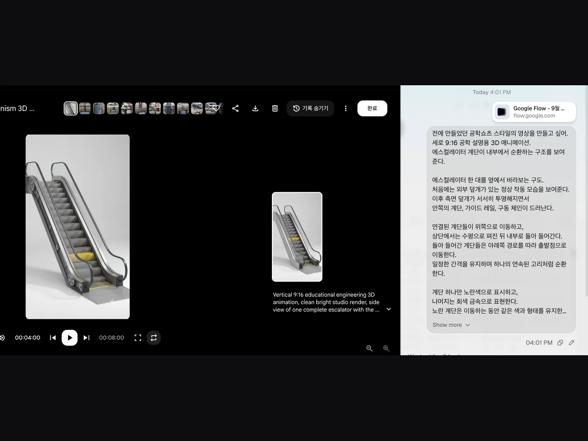 Aside에 공학 쇼츠 스타일의 에스컬레이터 3D 애니메이션을 요청하고 Google Flow에서 작업하는 화면