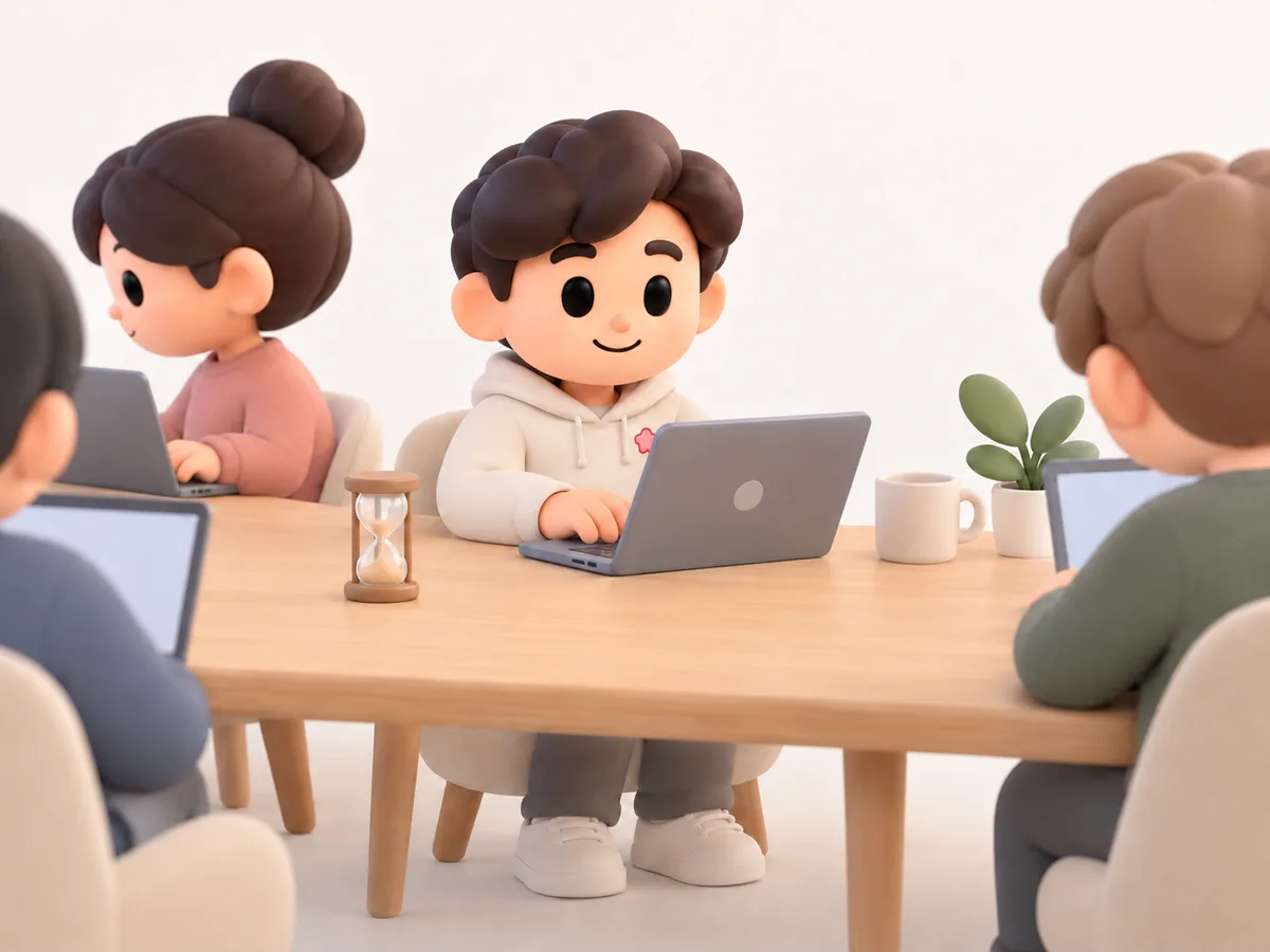 여럿이 한 테이블에서 각자 노트북으로 작업하는 와구 캐릭터