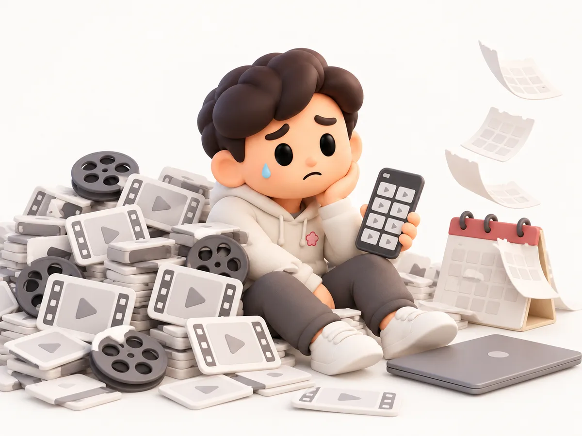 편집하지 못한 영상 클립 더미에 파묻힌 와구 캐릭터