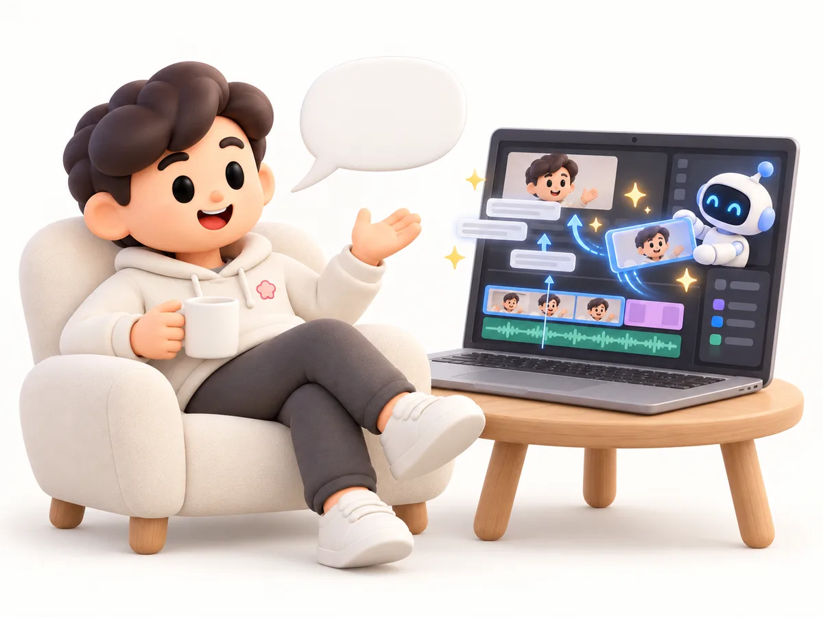 말 한마디에 노트북 속 편집 타임라인이 스스로 바뀌는 모습을 보는 와구 캐릭터