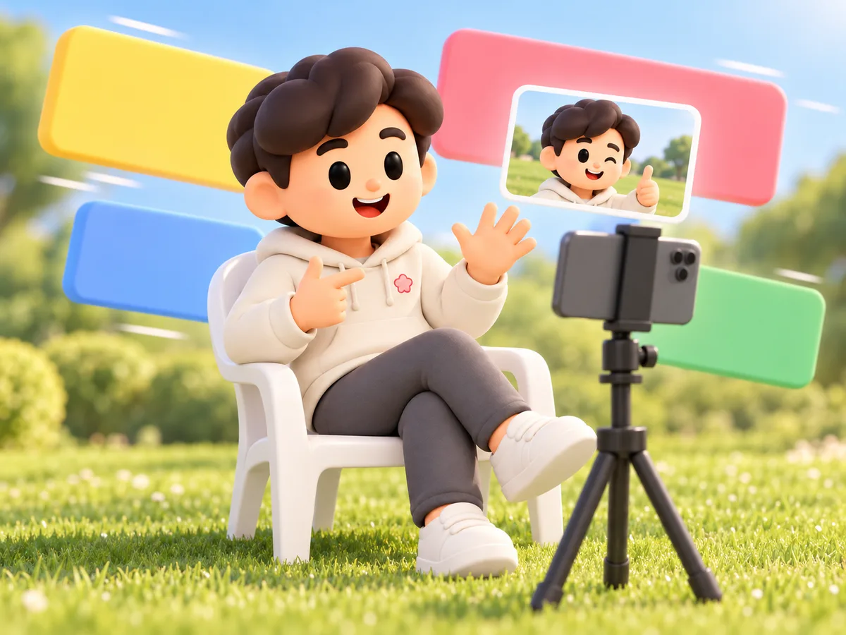 잔디밭에서 스마트폰으로 자신을 찍고, 뒤로 큰 글씨 블록이 지나가는 와구 캐릭터