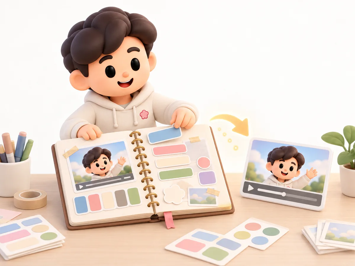 스타일 노트에 색과 자막 샘플을 붙이는 와구 캐릭터
