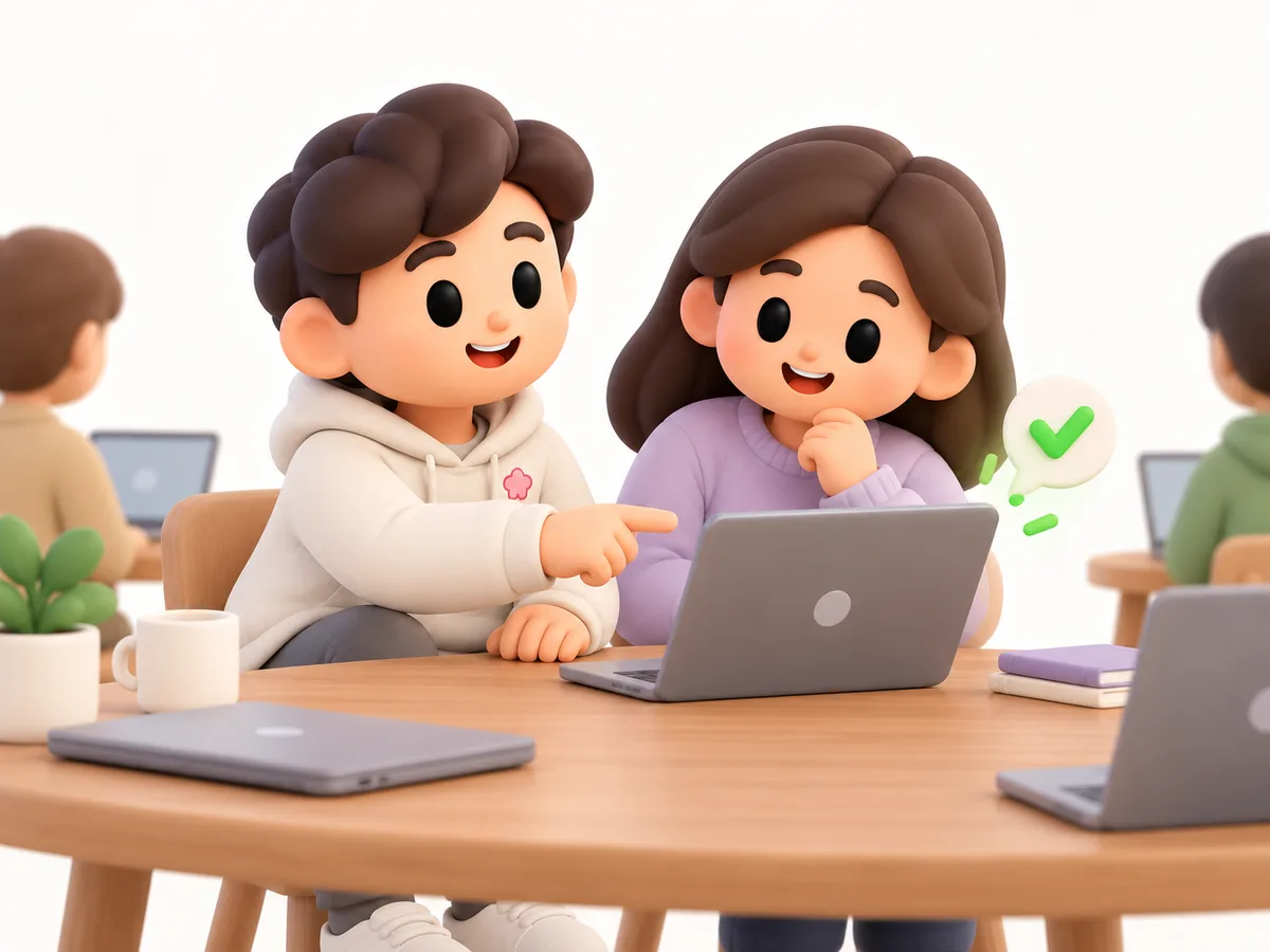 옆 사람 노트북 화면을 가리키며 같이 고쳐주는 와구 캐릭터